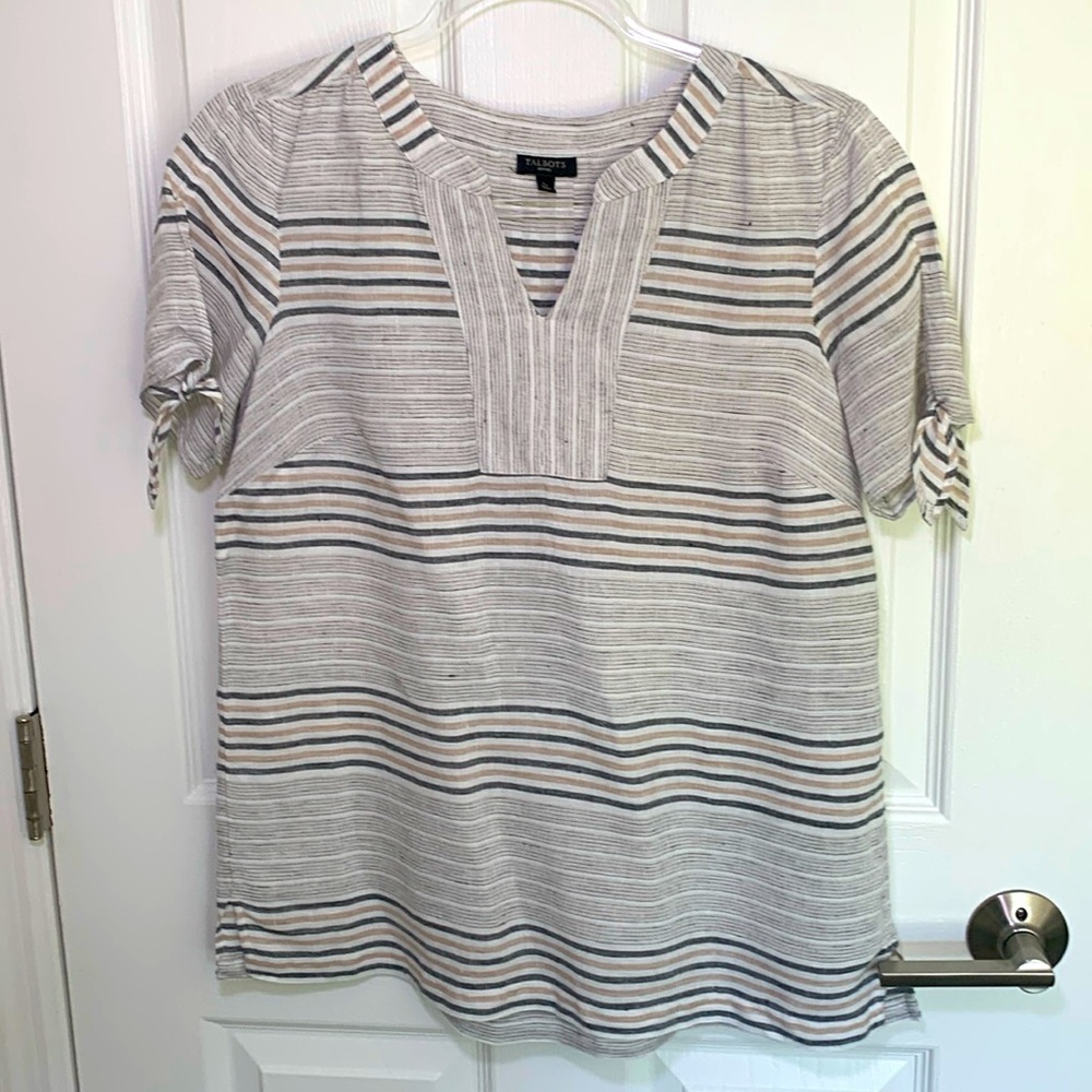 Talbots striped summer linen blouse with tie at sleeves size Sp neutral colors